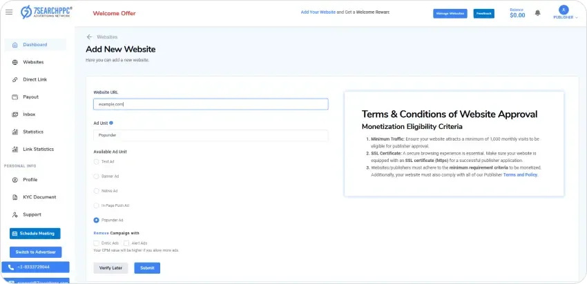 Popunder Monetization Strategies: Proven Ways To Earn Money Consistently In 2026 3 Publisher Dashboard- 7Searchppc